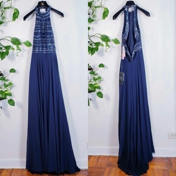 Beaded Long Dress 18 Xl Navy Open Back Gown Prom Party Bridesmaid Alyce Paris